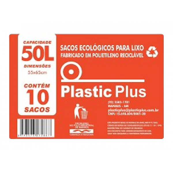 SACO P/ LIXO 50LTS PLASTICPLUS C/10UN